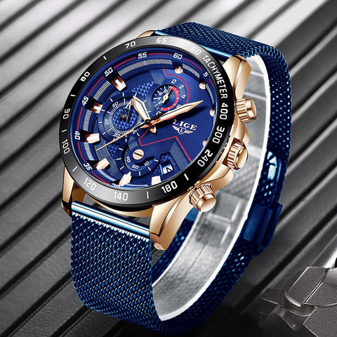 Image of 2019 New LIGE Blue Casual Mesh Belt Fashion Quartz Gold Watch Mens Watches Top Brand Luxury Waterproof Clock Relogio Masculino